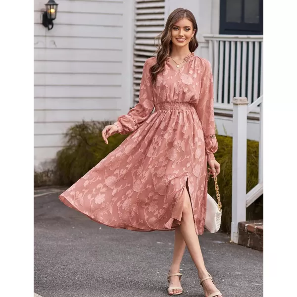 GRACE KARIN Womens Long Sleeve Dress Fall V Neck Side Slit A Line Casual Work Dresses Boho Floral DressBean Paste Pink