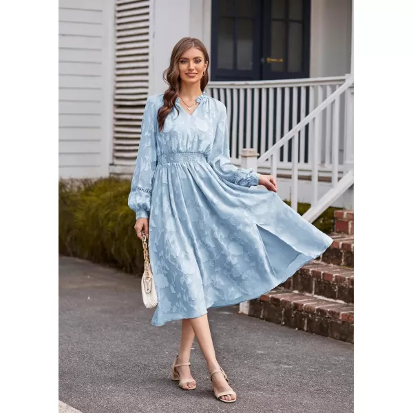 GRACE KARIN Womens Long Sleeve Dress Fall V Neck Side Slit A Line Casual Work Dresses Boho Floral DressGray Blue