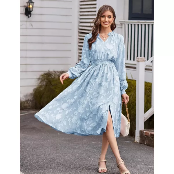 GRACE KARIN Womens Long Sleeve Dress Fall V Neck Side Slit A Line Casual Work Dresses Boho Floral DressGray Blue