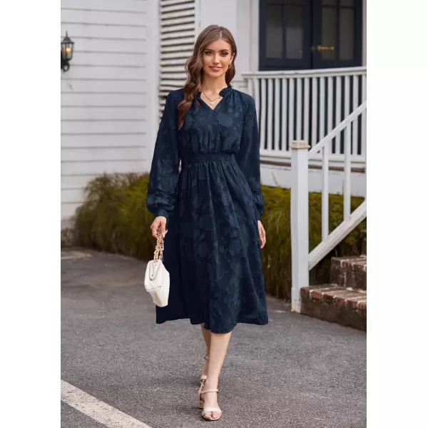 GRACE KARIN Womens Long Sleeve Dress Fall V Neck Side Slit A Line Casual Work Dresses Boho Floral DressNavy Blue