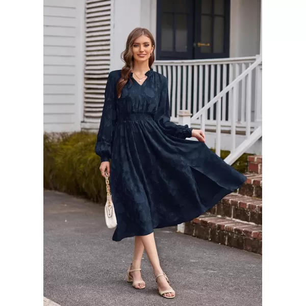 GRACE KARIN Womens Long Sleeve Dress Fall V Neck Side Slit A Line Casual Work Dresses Boho Floral DressNavy Blue