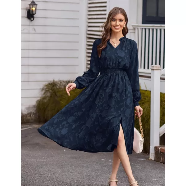 GRACE KARIN Womens Long Sleeve Dress Fall V Neck Side Slit A Line Casual Work Dresses Boho Floral DressNavy Blue