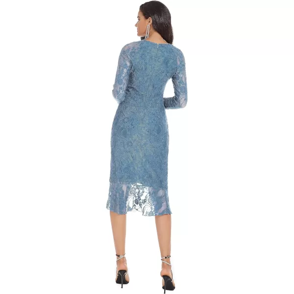 GRACE KARIN Womens Long Sleeve Lace Dresses for Wedding Guest Ruched Bodycon Mermaid Ruffle Slit Cocktail Midi DressGrey Blue