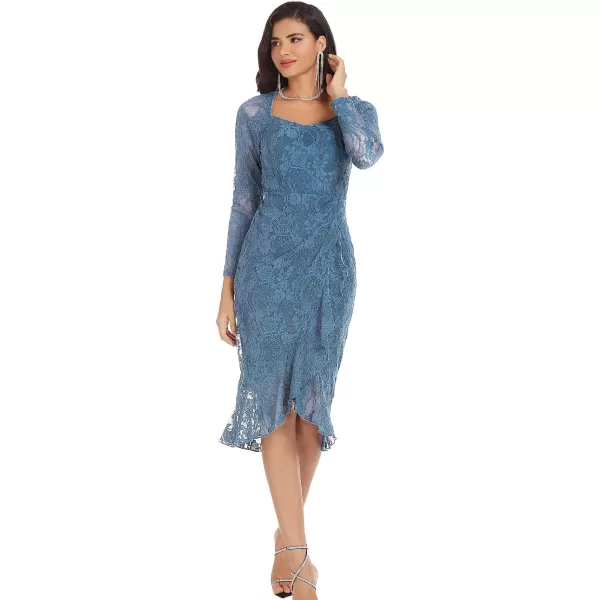 GRACE KARIN Womens Long Sleeve Lace Dresses for Wedding Guest Ruched Bodycon Mermaid Ruffle Slit Cocktail Midi DressGrey Blue
