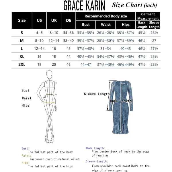 GRACE KARIN Womens Long Sleeve Lace Dresses for Wedding Guest Ruched Bodycon Mermaid Ruffle Slit Cocktail Midi DressPeacock Blue