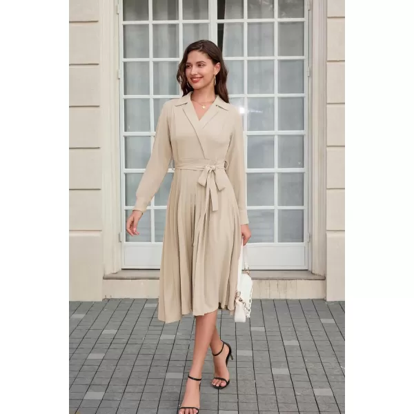 GRACE KARIN Womens Long Sleeve Pleated Dresses Wrap V Neck Flowy Business Casual Aline DressApricot