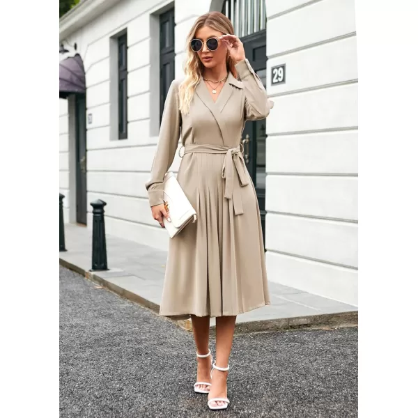 GRACE KARIN Womens Long Sleeve Pleated Dresses Wrap V Neck Flowy Business Casual Aline DressApricot