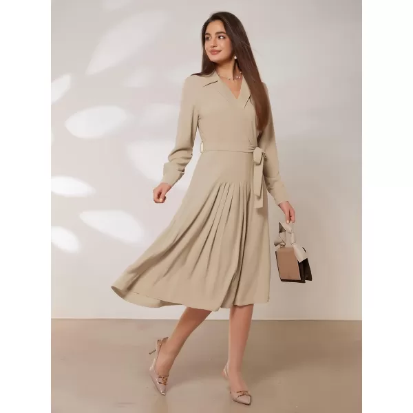 GRACE KARIN Womens Long Sleeve Pleated Dresses Wrap V Neck Flowy Business Casual Aline DressApricot