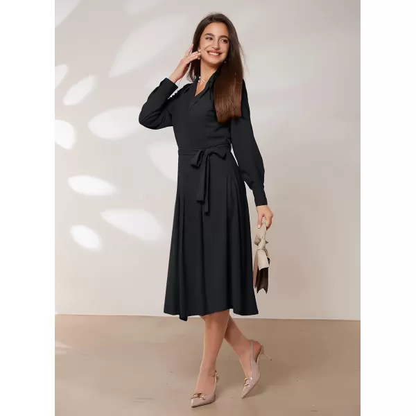 GRACE KARIN Womens Long Sleeve Pleated Dresses Wrap V Neck Flowy Business Casual Aline DressBlack