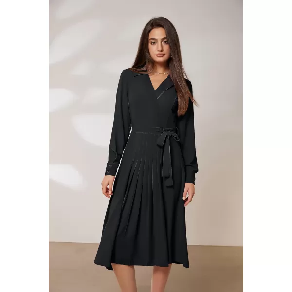 GRACE KARIN Womens Long Sleeve Pleated Dresses Wrap V Neck Flowy Business Casual Aline DressBlack