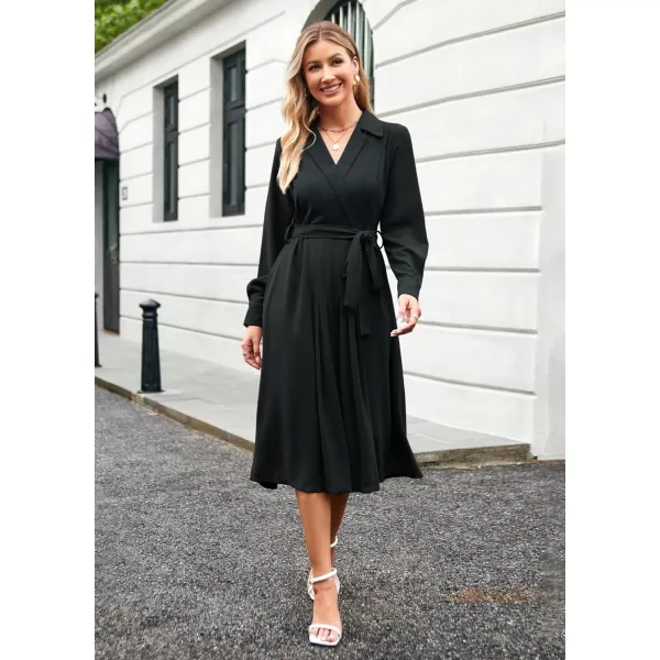 GRACE KARIN Womens Long Sleeve Pleated Dresses Wrap V Neck Flowy Business Casual Aline DressBlack