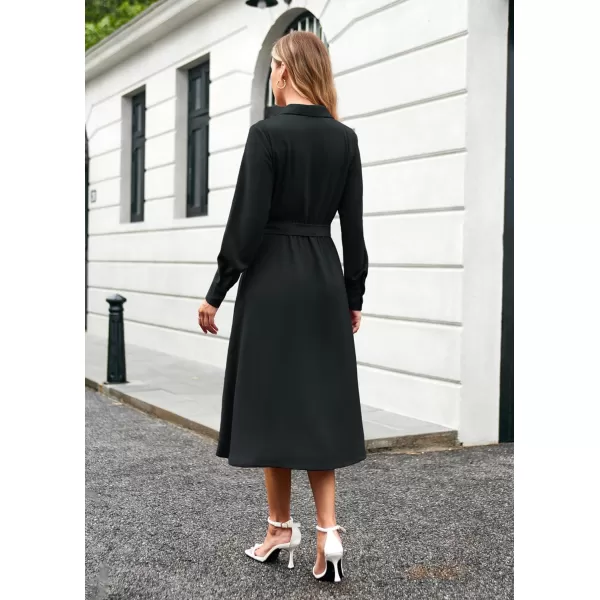 GRACE KARIN Womens Long Sleeve Pleated Dresses Wrap V Neck Flowy Business Casual Aline DressBlack