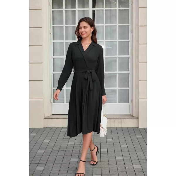 GRACE KARIN Womens Long Sleeve Pleated Dresses Wrap V Neck Flowy Business Casual Aline DressBlack