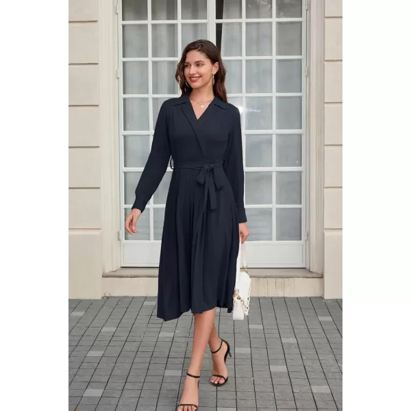 GRACE KARIN Womens Long Sleeve Pleated Dresses Wrap V Neck Flowy Business Casual Aline DressDark Blue