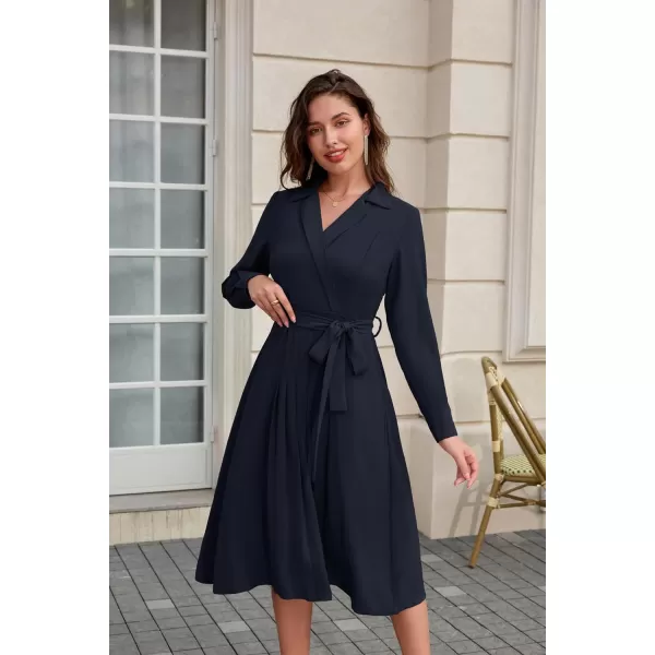 GRACE KARIN Womens Long Sleeve Pleated Dresses Wrap V Neck Flowy Business Casual Aline DressDark Blue