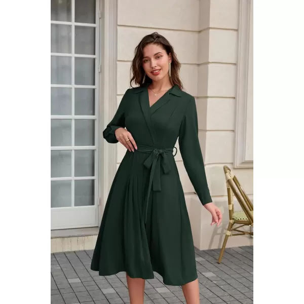 GRACE KARIN Womens Long Sleeve Pleated Dresses Wrap V Neck Flowy Business Casual Aline DressDark Green