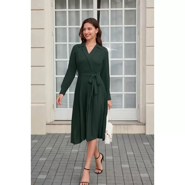 GRACE KARIN Womens Long Sleeve Pleated Dresses Wrap V Neck Flowy Business Casual Aline DressDark Green