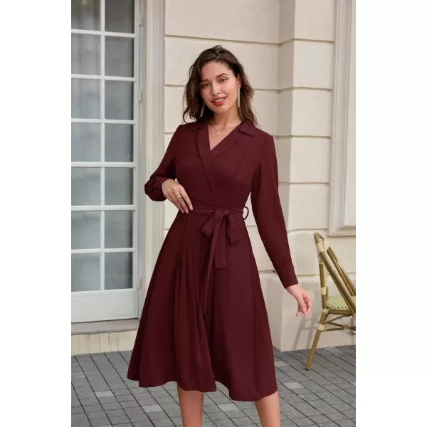 GRACE KARIN Womens Long Sleeve Pleated Dresses Wrap V Neck Flowy Business Casual Aline DressDark Red