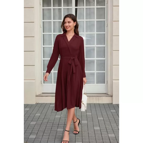 GRACE KARIN Womens Long Sleeve Pleated Dresses Wrap V Neck Flowy Business Casual Aline DressDark Red