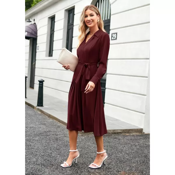 GRACE KARIN Womens Long Sleeve Pleated Dresses Wrap V Neck Flowy Business Casual Aline DressDark Red