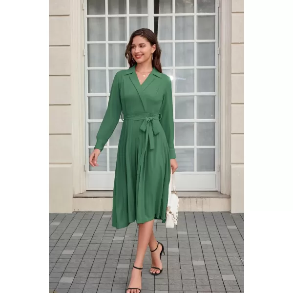 GRACE KARIN Womens Long Sleeve Pleated Dresses Wrap V Neck Flowy Business Casual Aline DressGreen