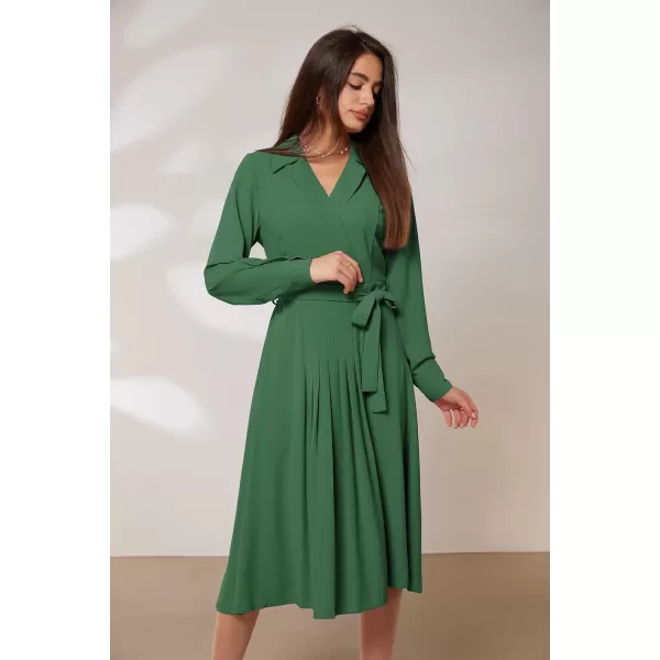 GRACE KARIN Womens Long Sleeve Pleated Dresses Wrap V Neck Flowy Business Casual Aline DressGreen