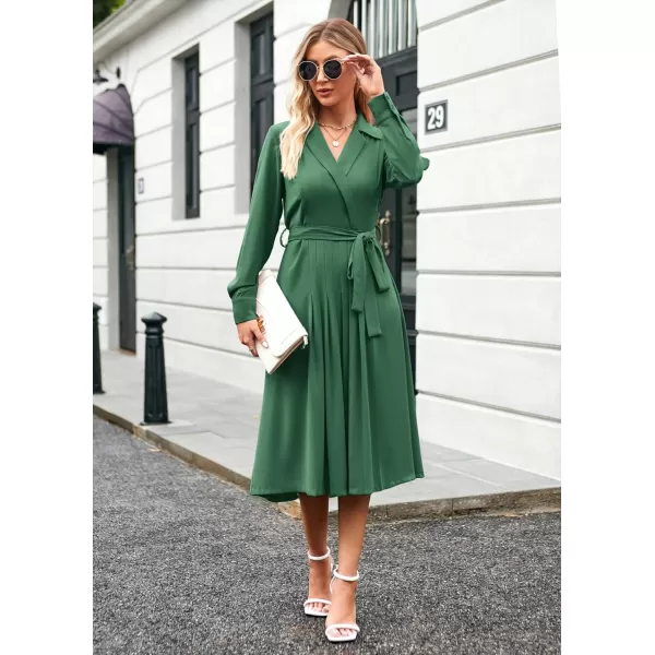 GRACE KARIN Womens Long Sleeve Pleated Dresses Wrap V Neck Flowy Business Casual Aline DressGreen