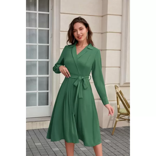 GRACE KARIN Womens Long Sleeve Pleated Dresses Wrap V Neck Flowy Business Casual Aline DressGreen