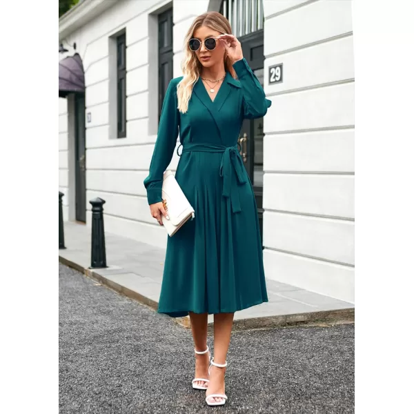 GRACE KARIN Womens Long Sleeve Pleated Dresses Wrap V Neck Flowy Business Casual Aline DressPeacock Blue