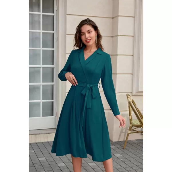 GRACE KARIN Womens Long Sleeve Pleated Dresses Wrap V Neck Flowy Business Casual Aline DressPeacock Blue