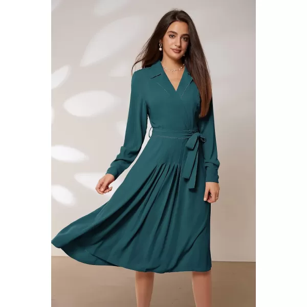 GRACE KARIN Womens Long Sleeve Pleated Dresses Wrap V Neck Flowy Business Casual Aline DressPeacock Blue