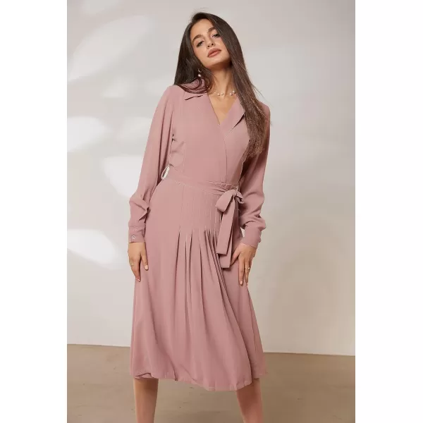 GRACE KARIN Womens Long Sleeve Pleated Dresses Wrap V Neck Flowy Business Casual Aline DressPink