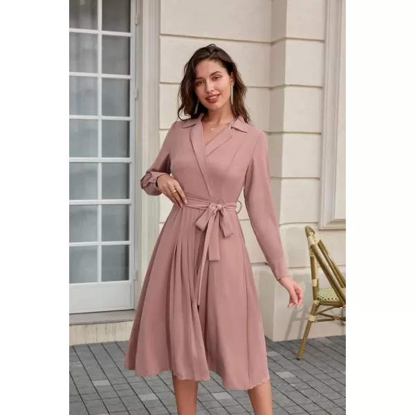 GRACE KARIN Womens Long Sleeve Pleated Dresses Wrap V Neck Flowy Business Casual Aline DressPink