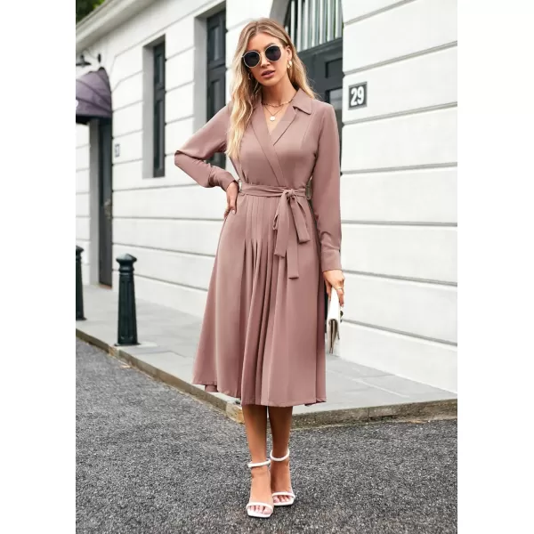 GRACE KARIN Womens Long Sleeve Pleated Dresses Wrap V Neck Flowy Business Casual Aline DressPink