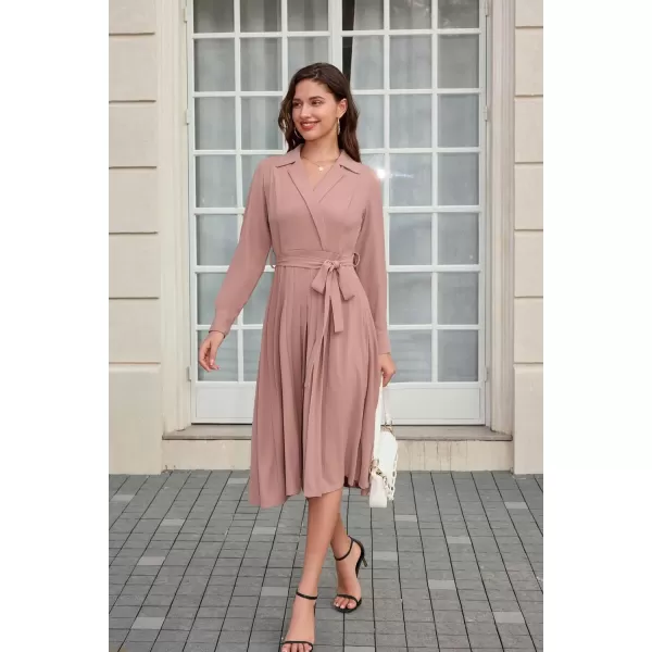 GRACE KARIN Womens Long Sleeve Pleated Dresses Wrap V Neck Flowy Business Casual Aline DressPink