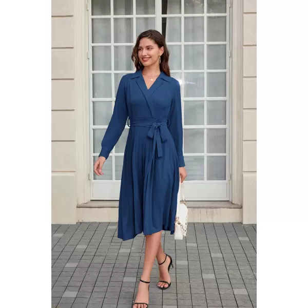 GRACE KARIN Womens Long Sleeve Pleated Dresses Wrap V Neck Flowy Business Casual Aline DressRoyal Blue