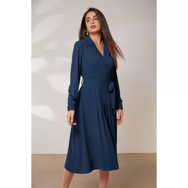 GRACE KARIN Womens Long Sleeve Pleated Dresses Wrap V Neck Flowy Business Casual Aline DressRoyal Blue