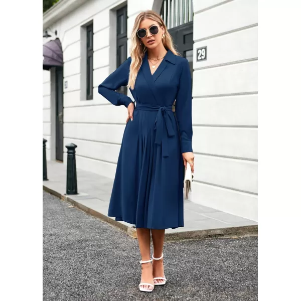 GRACE KARIN Womens Long Sleeve Pleated Dresses Wrap V Neck Flowy Business Casual Aline DressRoyal Blue