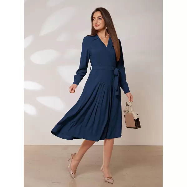 GRACE KARIN Womens Long Sleeve Pleated Dresses Wrap V Neck Flowy Business Casual Aline DressRoyal Blue