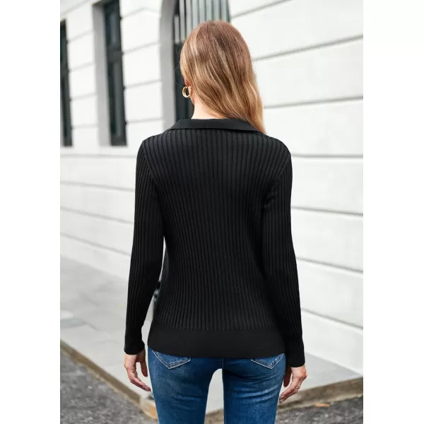 GRACE KARIN Womens Long Sleeve Pullover Sweaters VNeck Knitted Lightweight Sweater Casual Lapel Collar Hollowed Jumper TopsBlack