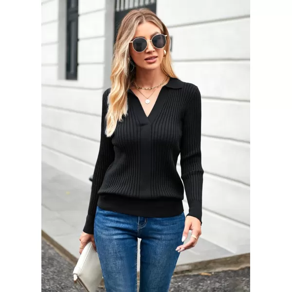 GRACE KARIN Womens Long Sleeve Pullover Sweaters VNeck Knitted Lightweight Sweater Casual Lapel Collar Hollowed Jumper TopsBlack