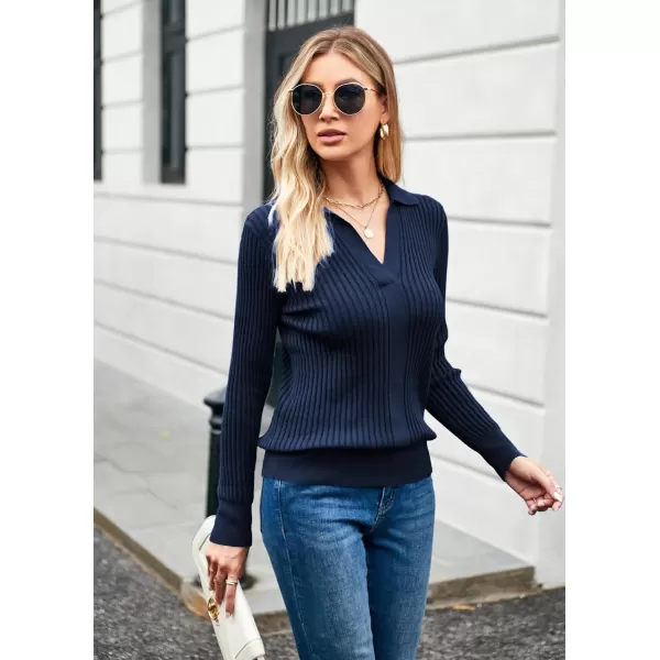 GRACE KARIN Womens Long Sleeve Pullover Sweaters VNeck Knitted Lightweight Sweater Casual Lapel Collar Hollowed Jumper TopsDark Blue