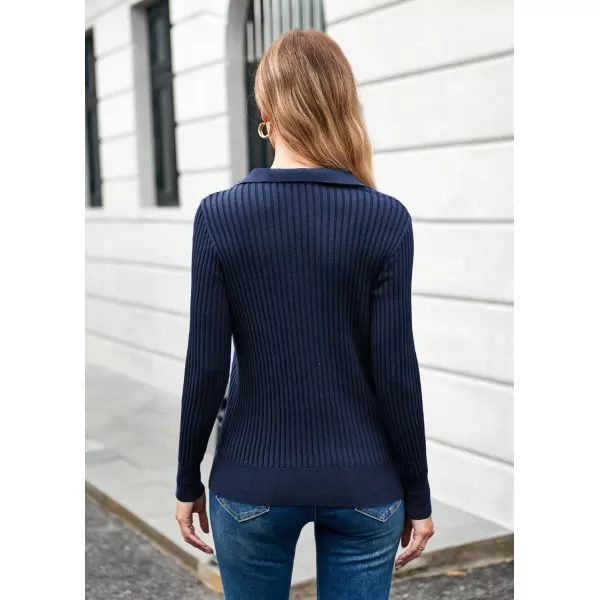 GRACE KARIN Womens Long Sleeve Pullover Sweaters VNeck Knitted Lightweight Sweater Casual Lapel Collar Hollowed Jumper TopsDark Blue