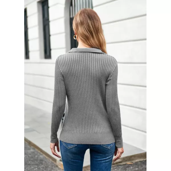 GRACE KARIN Womens Long Sleeve Pullover Sweaters VNeck Knitted Lightweight Sweater Casual Lapel Collar Hollowed Jumper TopsDark Gray