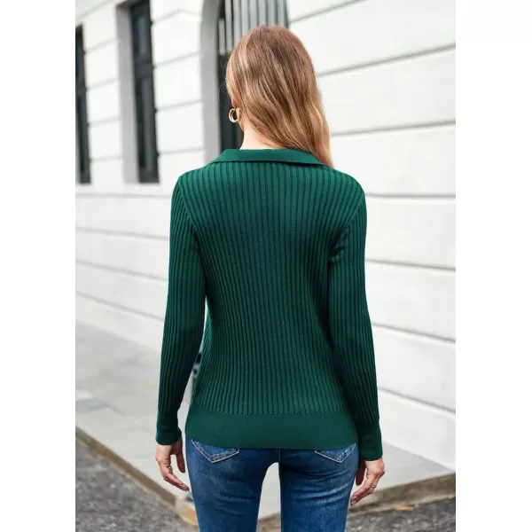 GRACE KARIN Womens Long Sleeve Pullover Sweaters VNeck Knitted Lightweight Sweater Casual Lapel Collar Hollowed Jumper TopsDark Green