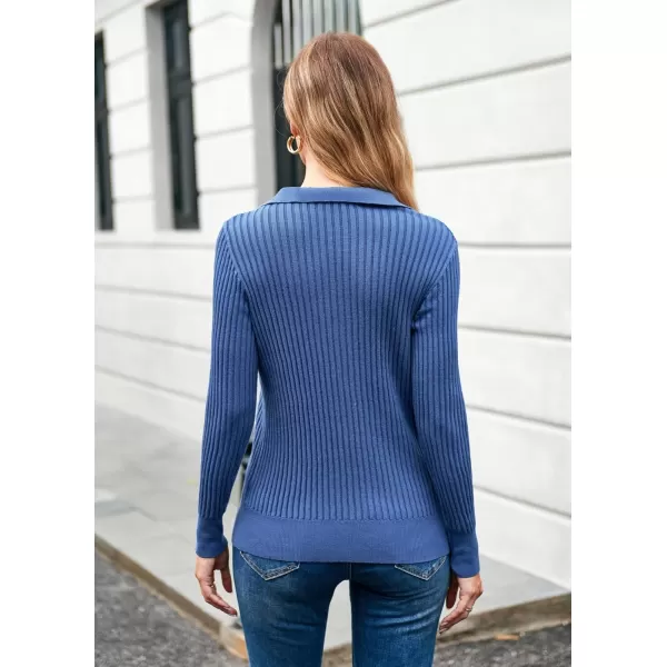 GRACE KARIN Womens Long Sleeve Pullover Sweaters VNeck Knitted Lightweight Sweater Casual Lapel Collar Hollowed Jumper TopsDenim Blue