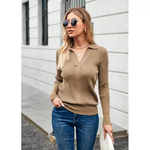 GRACE KARIN Womens Long Sleeve Pullover Sweaters VNeck Knitted Lightweight Sweater Casual Lapel Collar Hollowed Jumper TopsKhaki