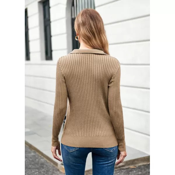 GRACE KARIN Womens Long Sleeve Pullover Sweaters VNeck Knitted Lightweight Sweater Casual Lapel Collar Hollowed Jumper TopsKhaki