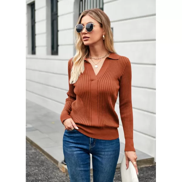 GRACE KARIN Womens Long Sleeve Pullover Sweaters VNeck Knitted Lightweight Sweater Casual Lapel Collar Hollowed Jumper TopsMaroon Red