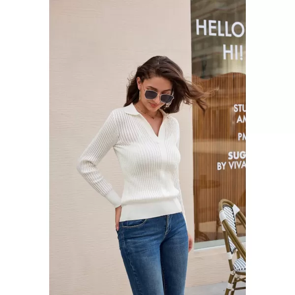 GRACE KARIN Womens Long Sleeve Pullover Sweaters VNeck Knitted Lightweight Sweater Casual Lapel Collar Hollowed Jumper TopsWhite